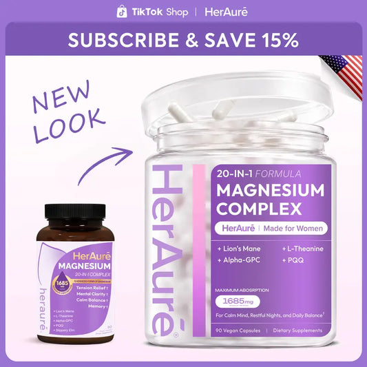HerAure 20-in-1 Magnesium Complex 1685mg – Brain Fog Relief, Calm Mind, Sleep & Stress Support (12 Forms + B6, Zinc)