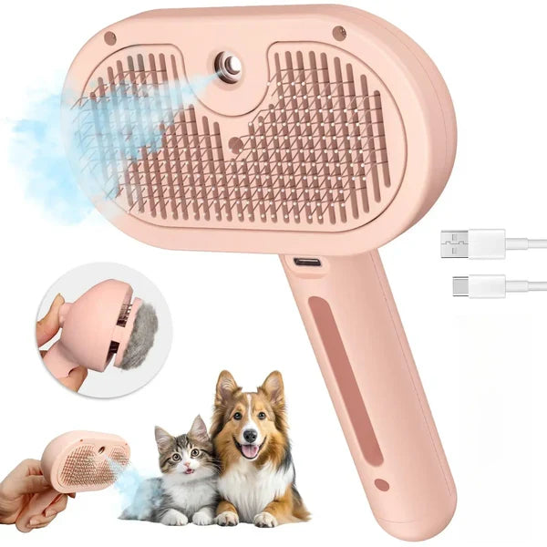 3-in-1 Steam Pet Grooming Brush – Self-Cleaning, Anti-Static Mist, Bionic Anti-Scratch Pins | Dogs & Cats (White)
