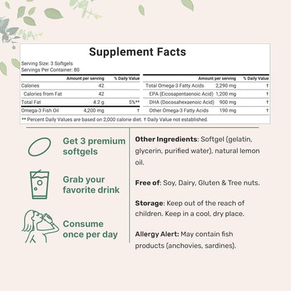 Omega 3 Fish Oil Supplements 4,200mg Per Serving| Lemon Flavored Burpless | EPA 1200mg + DHA 900mg