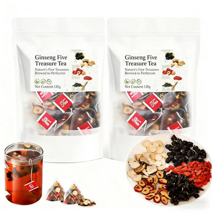 Ginseng Five Treasures Tea | Premium Ginseng & Herbal Blend | Liver and Kidney Nourishing Vitality Tea | Supports energy, detox, and overall vitality | Natural health gift box for adults, Christmas gift set