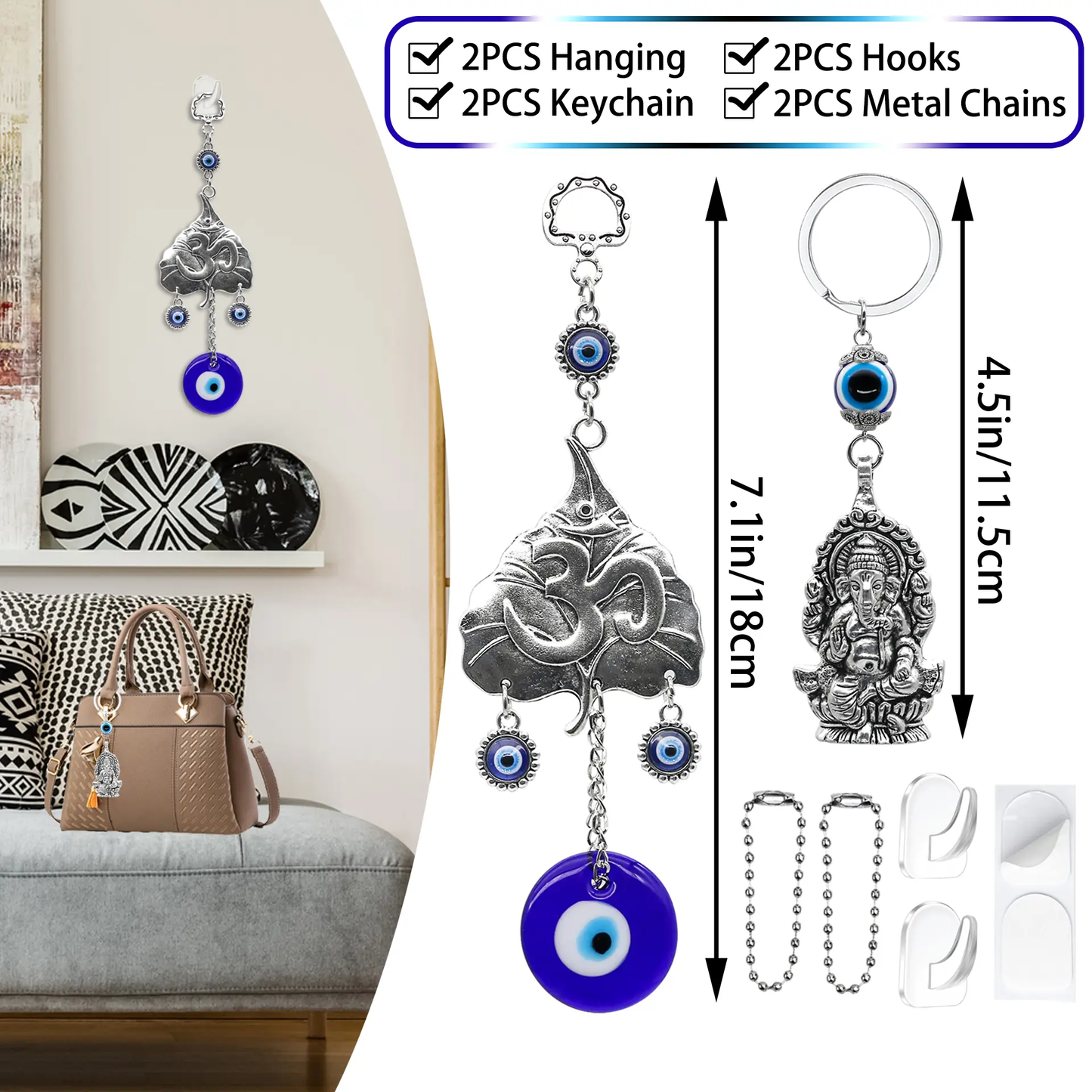 Hindu OM Evil Eye Car Hanging Ganesha Charms Set - Lord Ganesha Idol, Turkish Nazar Amulet, Car Mirror & Keychain Accessories