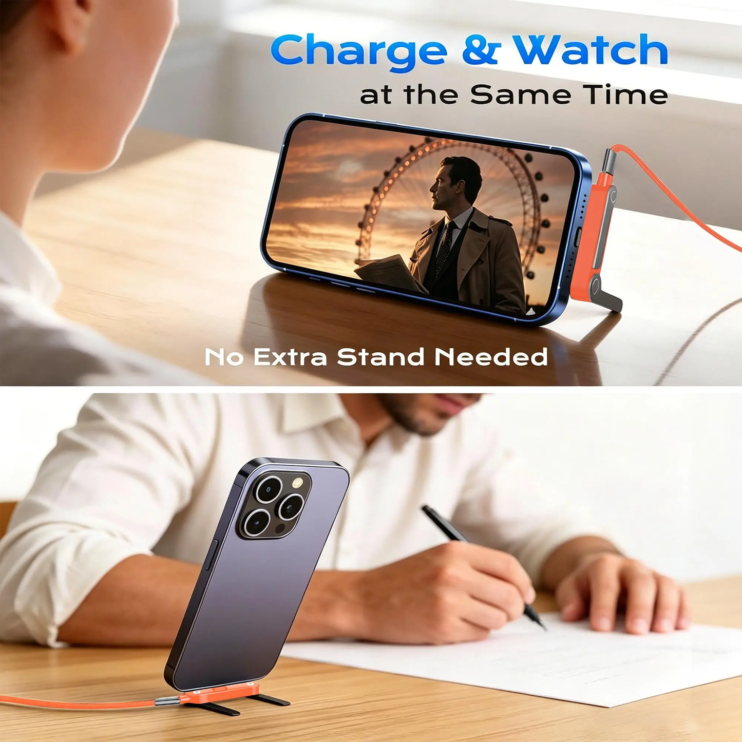 MOJUE 240W Invisible Stand Fast Charging Cable, USB-C to USB-C Flat Cable 90° Angled (4.9FT) — iPhone 15/16/17 & Samsung Compatible