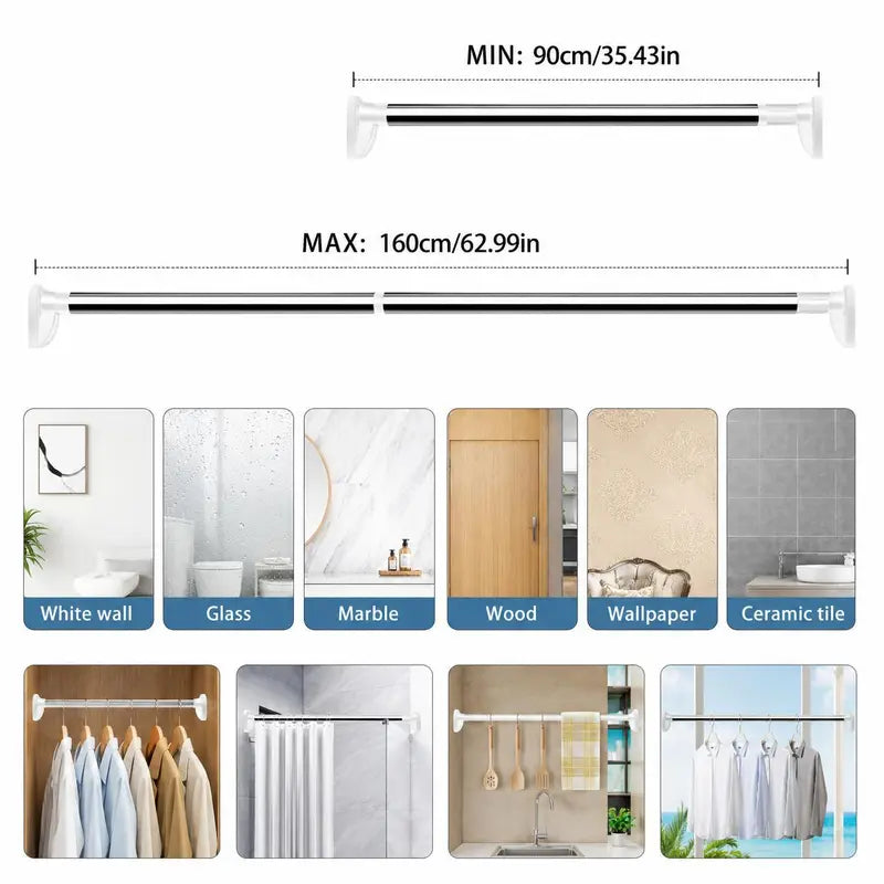 Drill-Free Adjustable Tension Rod – Telescopic Clothes Drying & Closet Bar for Laundry & Wardrobe Organization