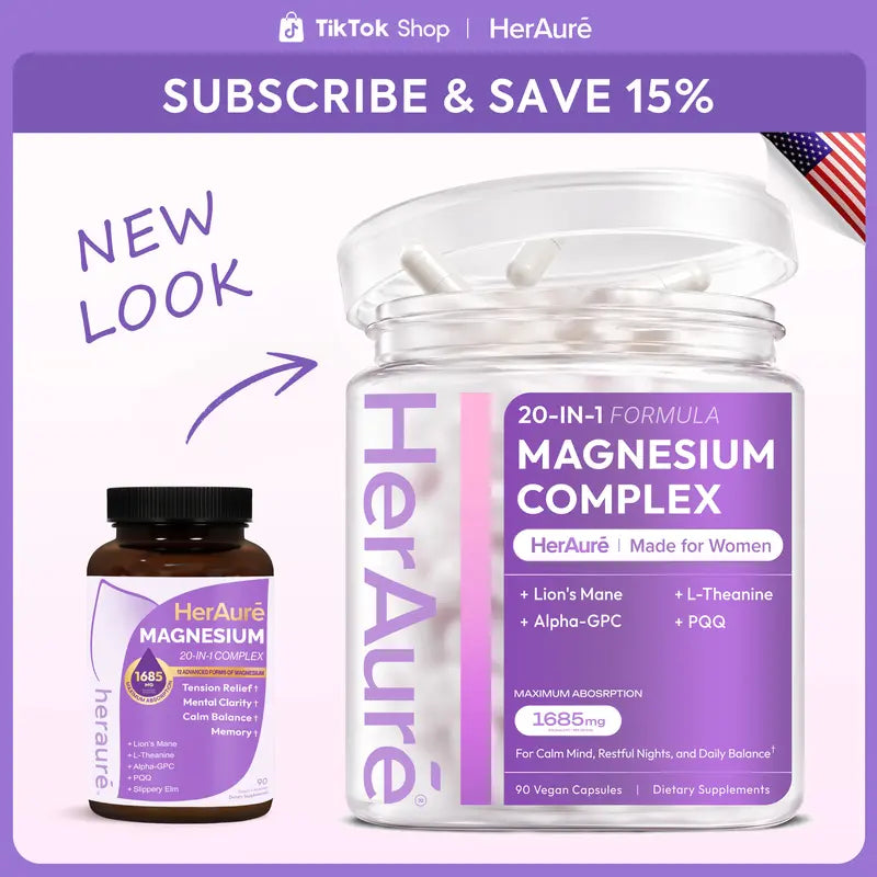 HerAure 20-in-1 Magnesium Complex 1685mg – Brain Fog Relief, Calm Mind, Sleep & Stress Support (12 Forms + B6, Zinc)