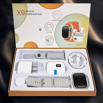 X9 combo box opened showing smart watch, earbuds, bands and accessories in grey