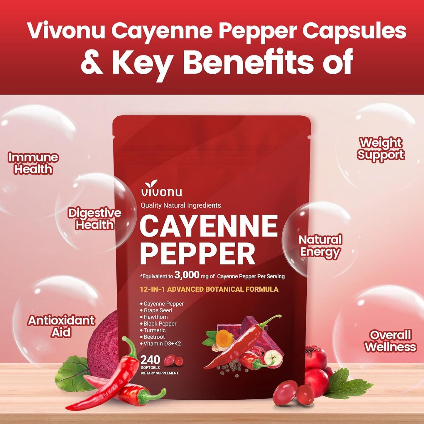 Cayenne Pepper Softgels Supplement, Supports Leg Vein, Heart and Blood Vessel Health, with Vitamin E D3+K2 and Beetrootand Others(3PACKS)