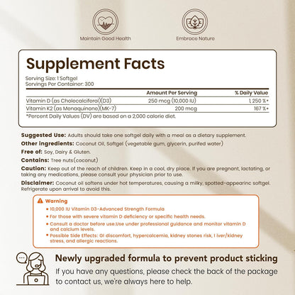 D3 + K2 MK-7 300 Softgels – High-Potency Bone & Cardiovascular Support with Coconut Oil