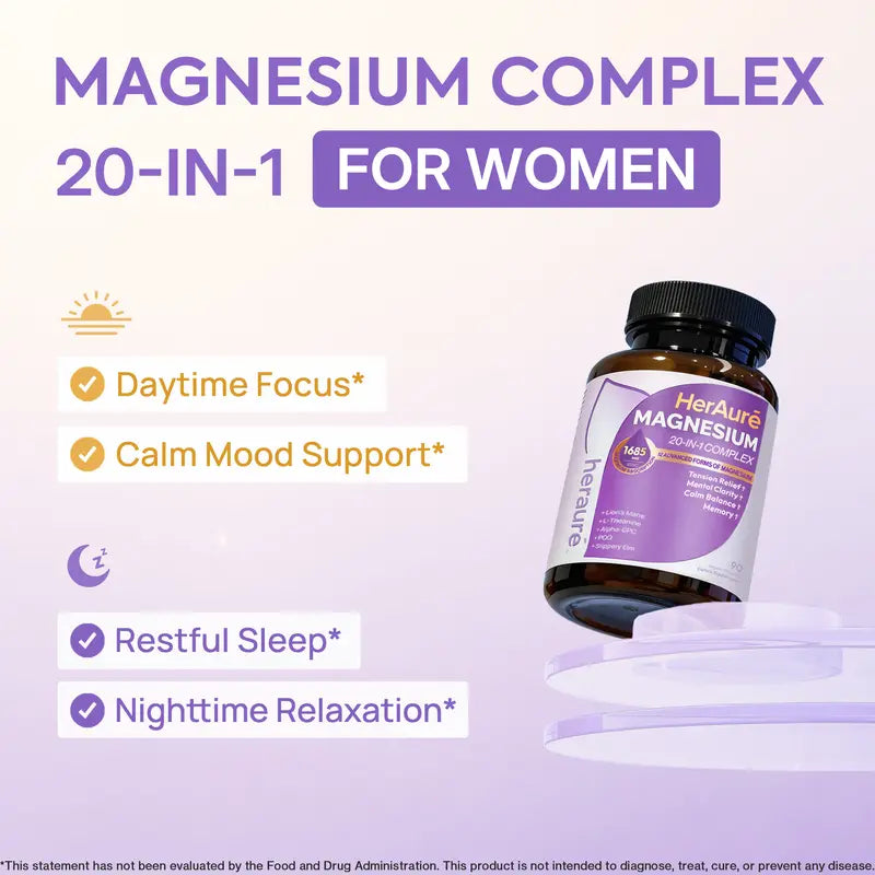 HerAure 20-in-1 Magnesium Complex 1685mg – Brain Fog Relief, Calm Mind, Sleep & Stress Support (12 Forms + B6, Zinc)
