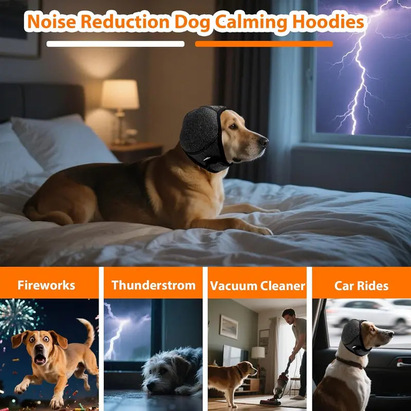 Dog Calming Hoodie Ear Wraps — Waterproof Swim Cap & Noise Cancelling Ear Muffs (Grey)