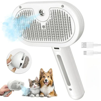 3-in-1 Steam Pet Grooming Brush – Self-Cleaning, Anti-Static Mist, Bionic Anti-Scratch Pins | Dogs & Cats (White)