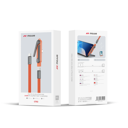 MOJUE 240W Invisible Stand Fast Charging Cable, USB-C to USB-C Flat Cable 90° Angled (4.9FT) — iPhone 15/16/17 & Samsung Compatible
