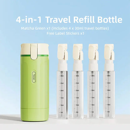 4-in-1 Travel Dispenser Bottle, Leak-Proof Refillable Silicone Squeeze Container with Lock, Compact and Lightweight Toiletry Organizer, Easy to Carry, Ideal for Business Trips, Vacations, and Frequent Travelers
