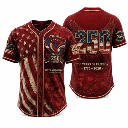 Patriotic Baseball Jersey — 250th Anniversary 1776-2026 Distressed American Flag Eagle Graphic