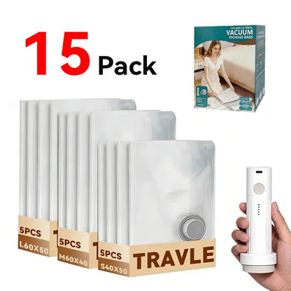 15-pack vacuum bags: 5 Large L60x50, 5 Medium M60x40, 5 Small S40x50 with wireless pump