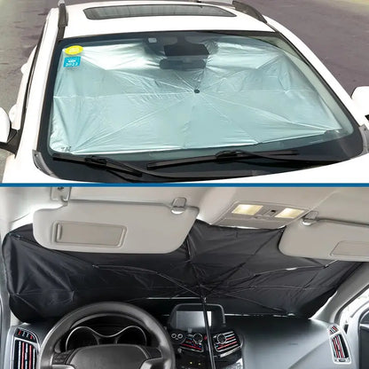 Umbrella-Style Car Windshield Sunshade – Holographic UV Block, No-Install Foldable, Reduces Cabin Temp to 87.8°F | Compact Sedan & Mid-Size SUV