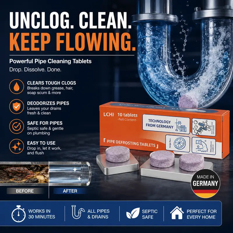 Pipe Cleaner Tablets — Drain Unclogger, Odor Eliminator & Descaler for Sinks, Toilets, Washing Machines & Sewers