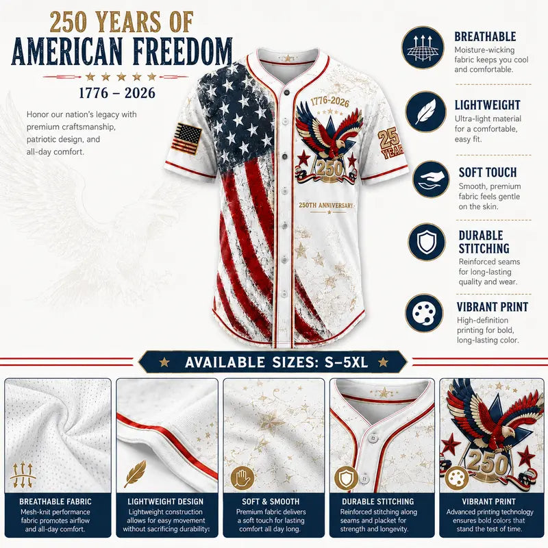 Patriotic Baseball Jersey — 250th Anniversary 1776-2026 Distressed American Flag Eagle Graphic