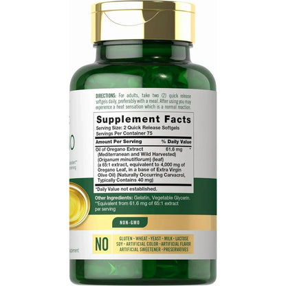 Oregano Oil 4000mg Supplement | 150 Softgel Capsules | Contains Carvacrol | Non-GMO & Gluten Free Formula
