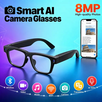 Smart AI Camera Glasses with smartphone showing AI assistant identifying the Colosseum — 8MP high-quality photos, wireless, video, music, WiFi, camera, translation, AI voice features