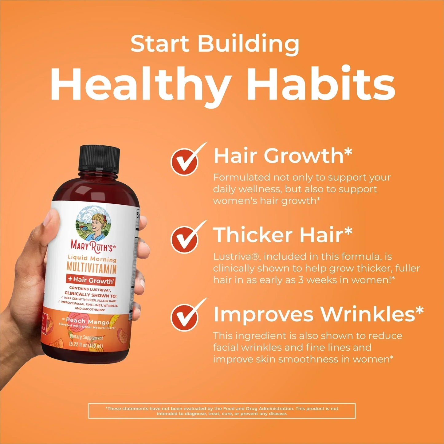 Liquid Multivitamin+Hair Growth | Clinically Tested for Thicker Hair & Facial Wrinkles in Women |  Lustriva Hair Growth Supplement | Peach Mango 15 Fl Oz